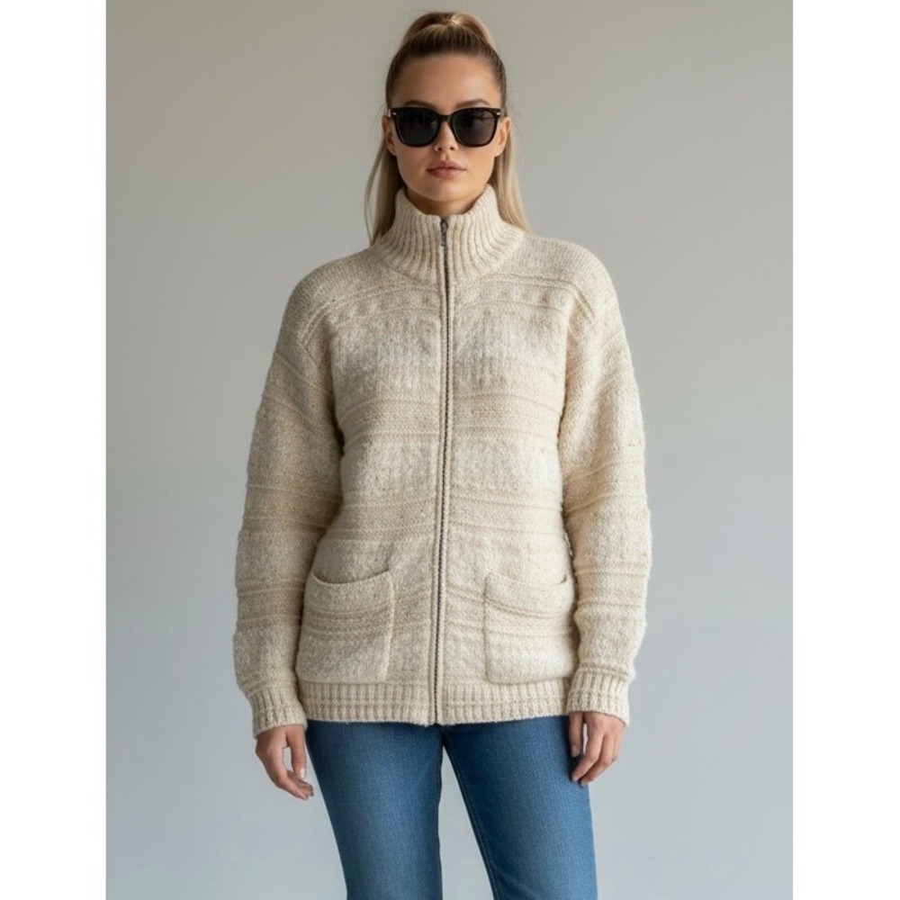 Vintage Jones New York Angora Wool Cream Knit Full Zip Cardigan Sweater Large